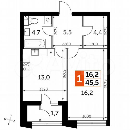 1-к. квартира, 45,5 м², 36/43 эт.
