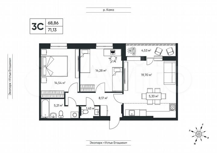 3-к. квартира, 71,1 м², 1/6 эт.