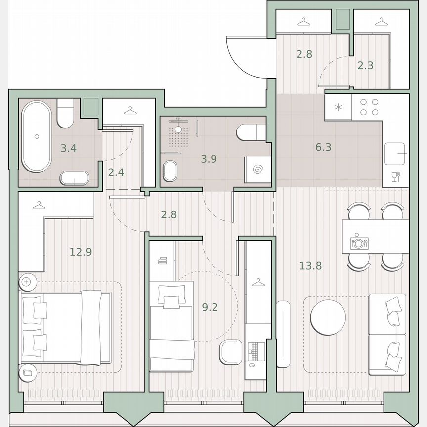 2-к. квартира, 59,8 м², 12/13 эт.