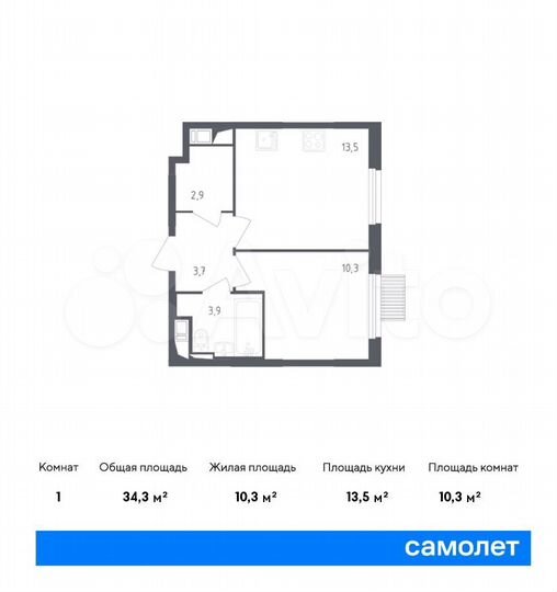 1-к. квартира, 34,3 м², 3/17 эт.
