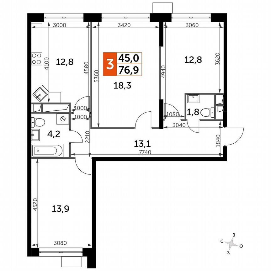 3-к. квартира, 76,9 м², 4/4 эт.