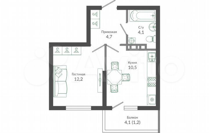 1-к. квартира, 33,6 м², 2/12 эт.
