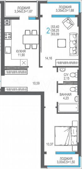 2-к. квартира, 58,3 м², 7/8 эт.