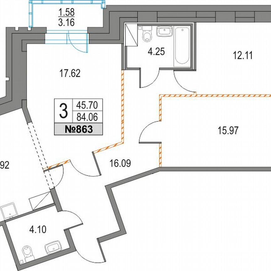 3-к. квартира, 84,1 м², 15/25 эт.