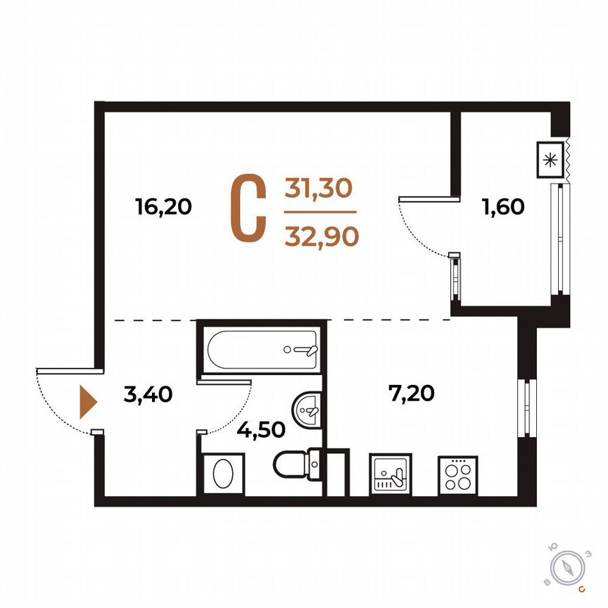 Квартира-студия, 32,9 м², 2/8 эт.