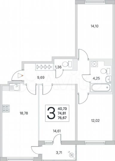 3-к. квартира, 77,1 м², 1/8 эт.
