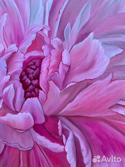 Пионы картина маслом на круглом холсте с золотом