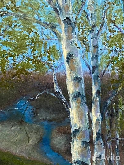 Картина маслом пейзаж 20х20см. Березки весной