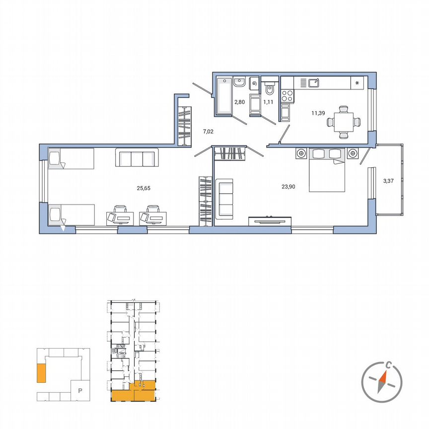 2-к. квартира, 72,5 м², 2/7 эт.