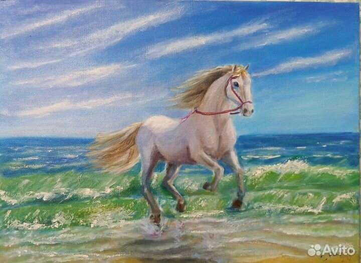 Картина маслом, лошадь бегущая по берегу моря