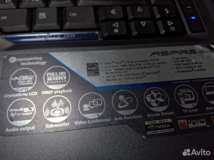 Acer Aspire 5930, Core2 Duo T7350, 4 Gb, 120Gb SSD
