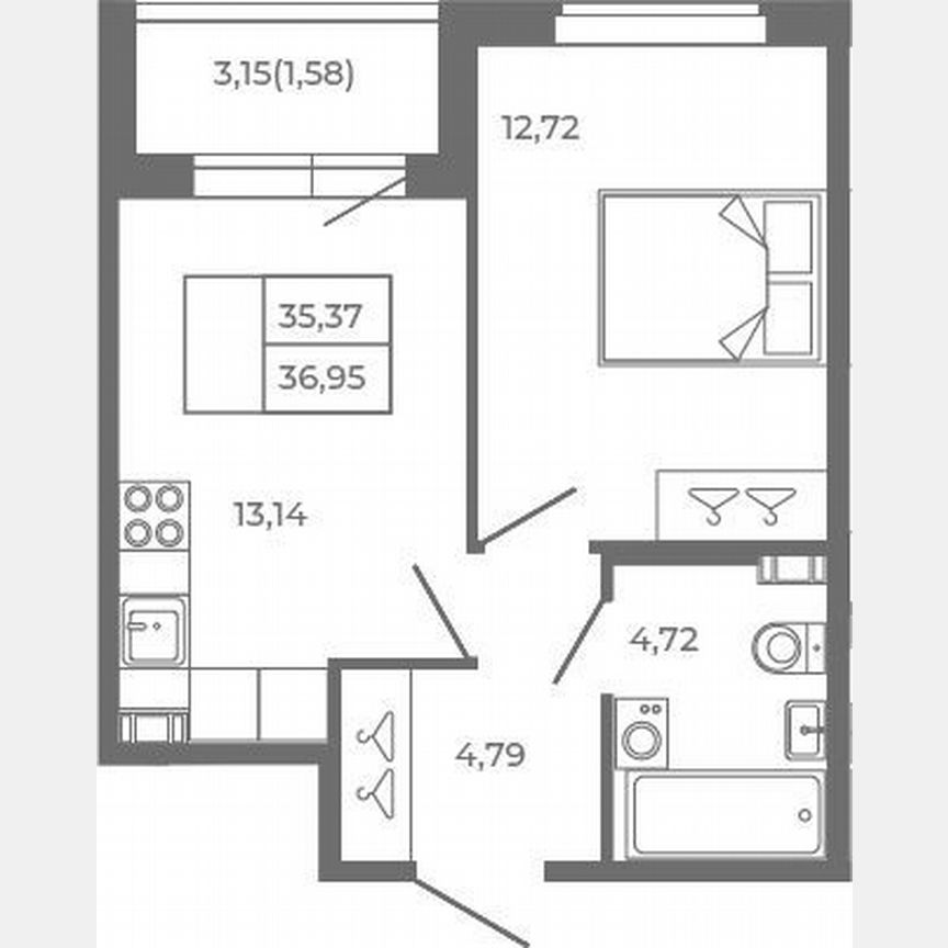 1-к. квартира, 35,4 м², 1/4 эт.