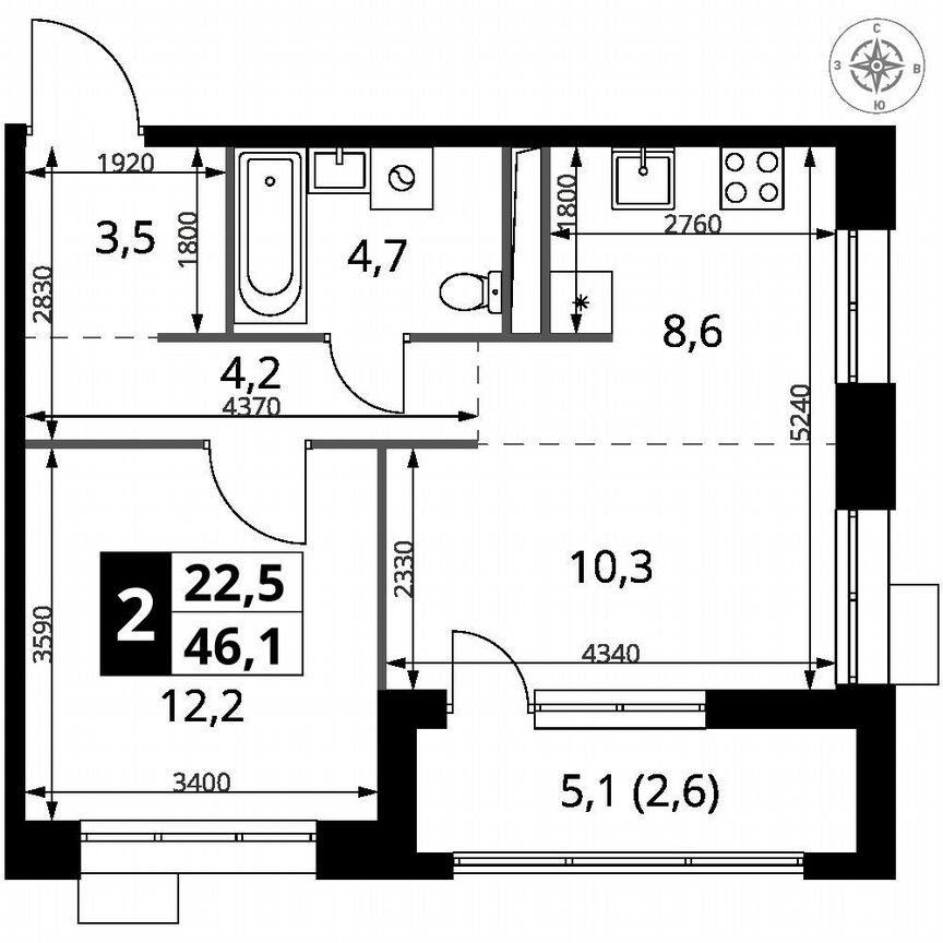 1-к. квартира, 46,1 м², 13/25 эт.