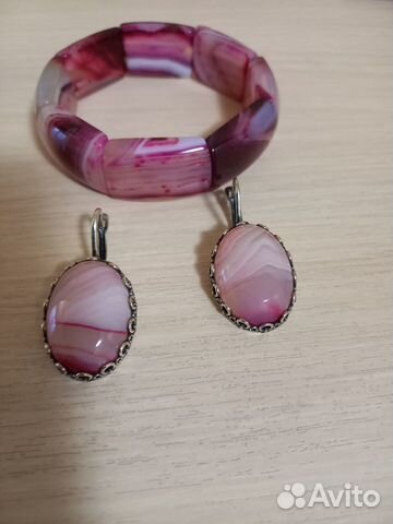 Комплект браслет и серьги розовый агат