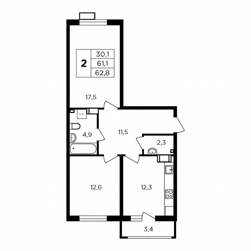 2-к. квартира, 64,4 м², 2/9 эт.