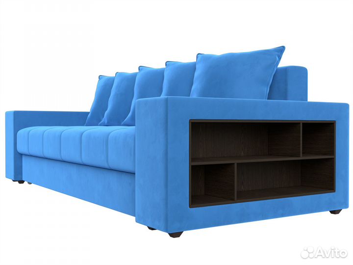 Диван прямой Дубай полки справа, велюр, голубой