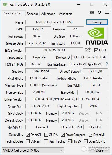 Видеокарта nvidia GeForce GTX 650 2gb