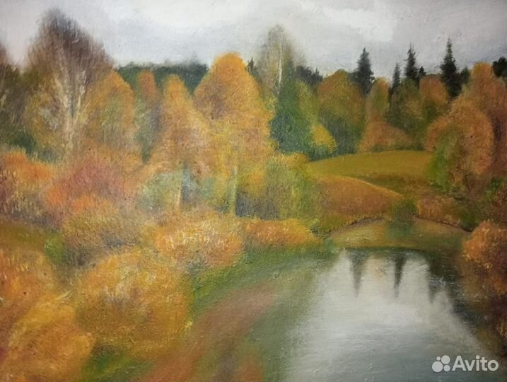 Картина маслом на двп. Озеро в осеннем лесу