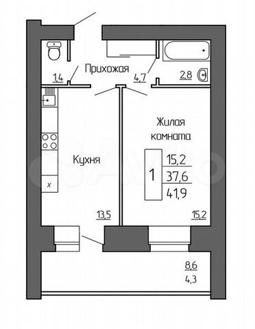 1-к. квартира, 41,9 м², 1/8 эт.