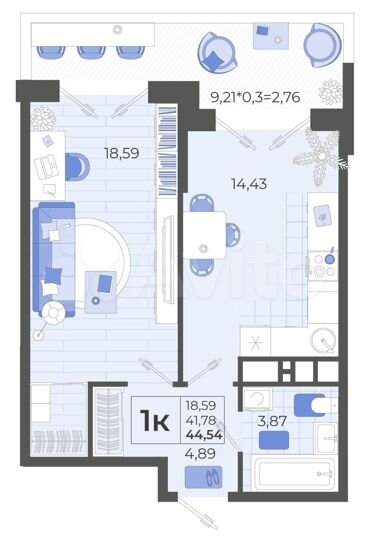 1-к. квартира, 44,5 м², 2/14 эт.