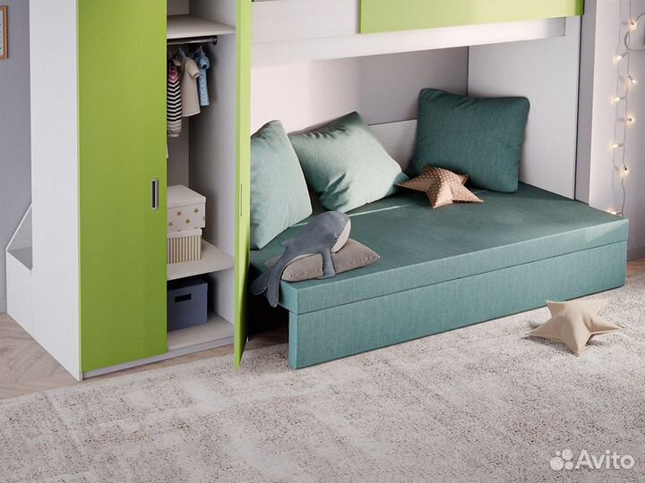 Кровать sofa, Белый текстурный + Зелёное яблоко +