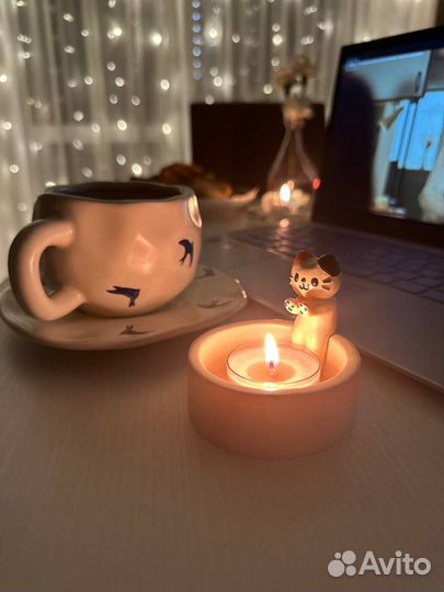 Набор: котик подсвечник и три свечки