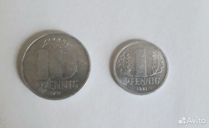 Монеты 10 пфеннингов,1 пфеннинг