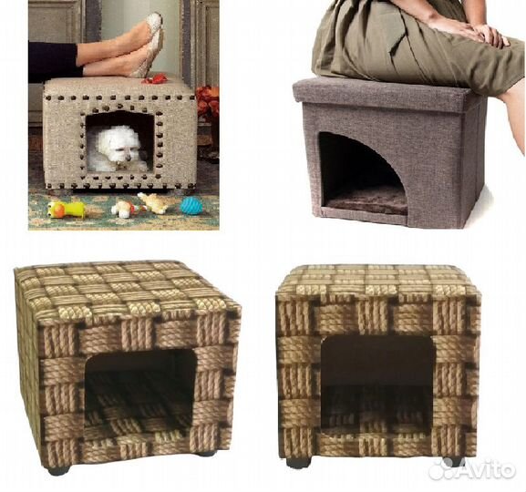 Домики для собак, дизайнерские лежанки и лесенки