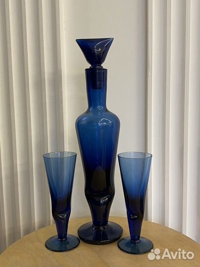Штоф декандер с бокалами Мачнев кобальтовое стекло