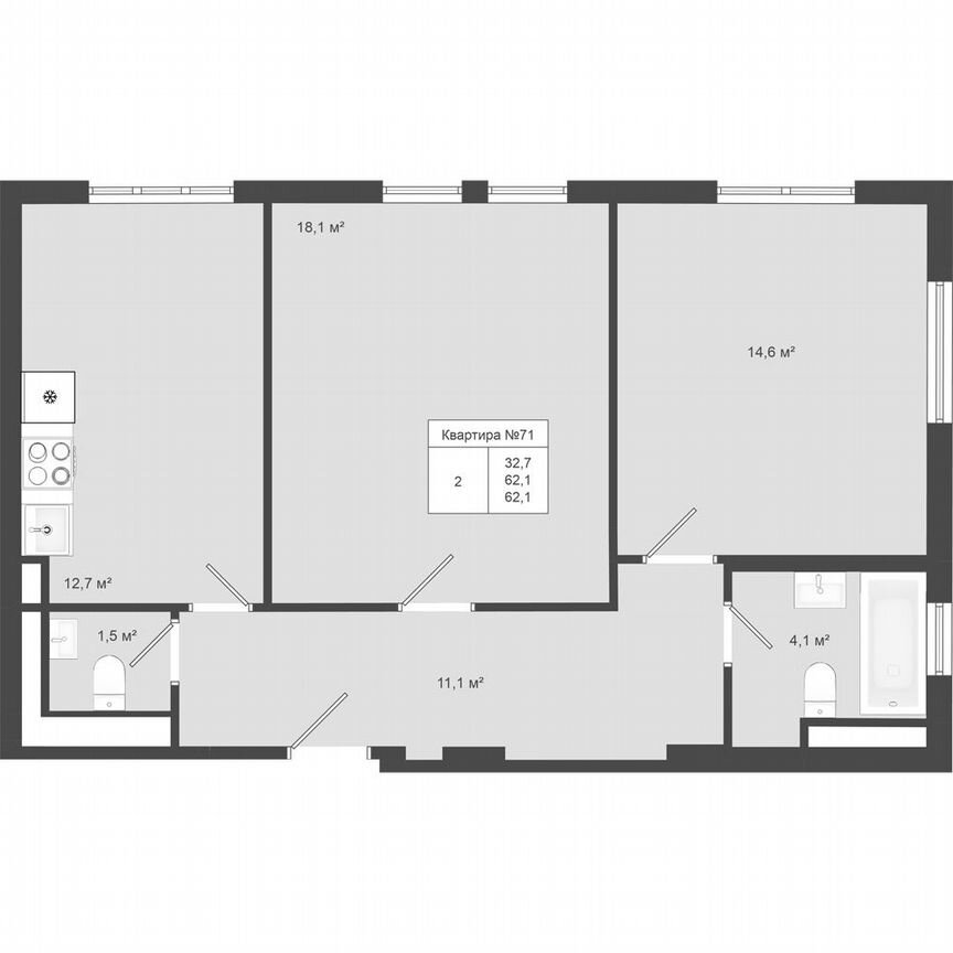 2-к. квартира, 62,1 м², 2/4 эт.