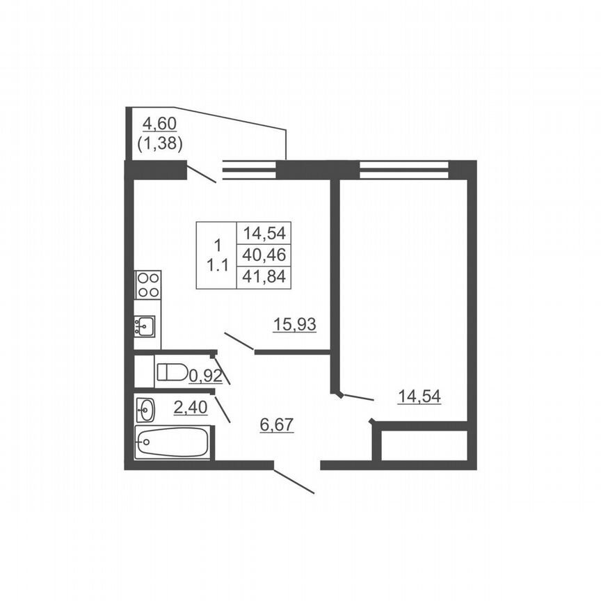 1-к. квартира, 41,8 м², 15/16 эт.