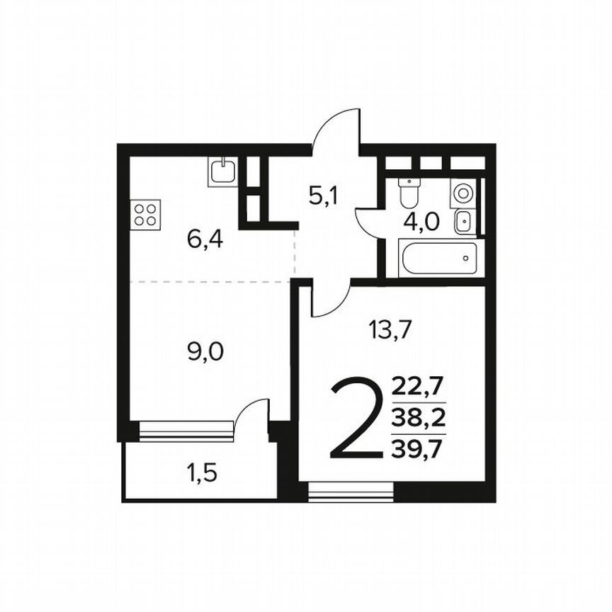 2-к. квартира, 39,7 м², 4/12 эт.