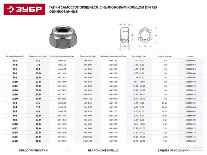 303580-06 Гайка DIN 985 с нейлоновым кольцом, M6