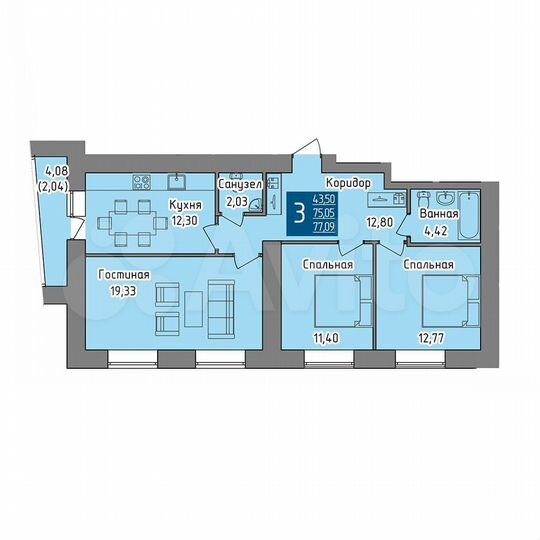 3-к. квартира, 77,1 м², 17/19 эт.