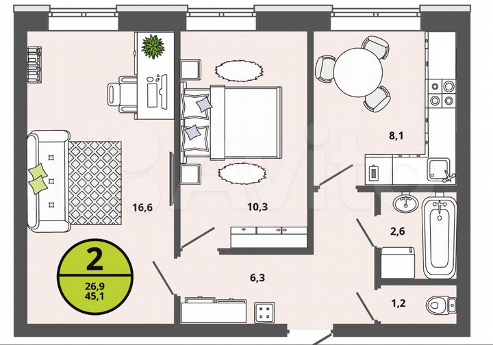 2-к. квартира, 45,1 м², 1/3 эт.