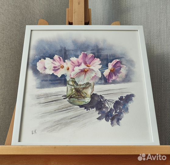Картина акварелью цветы пионы космеи