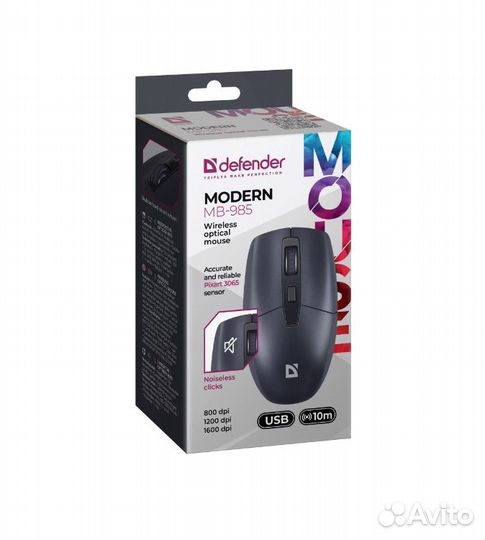 Мышь беспроводная Defender Modern MB-985 черный,4D,800-1600dpi,бесшумн 1*аа коробка (52985)