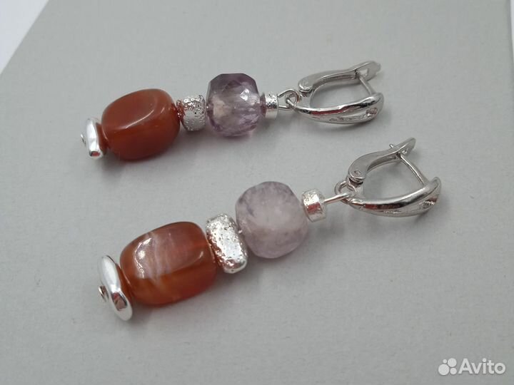 Серьги 3см сердолик,аметист
