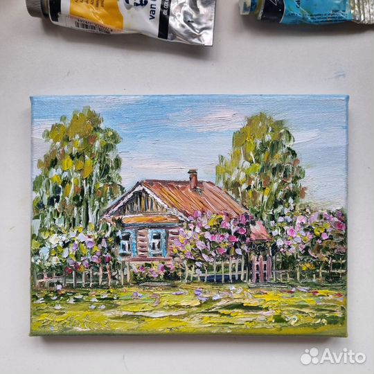 Пейзаж деревенский с домиком сирень картина масло