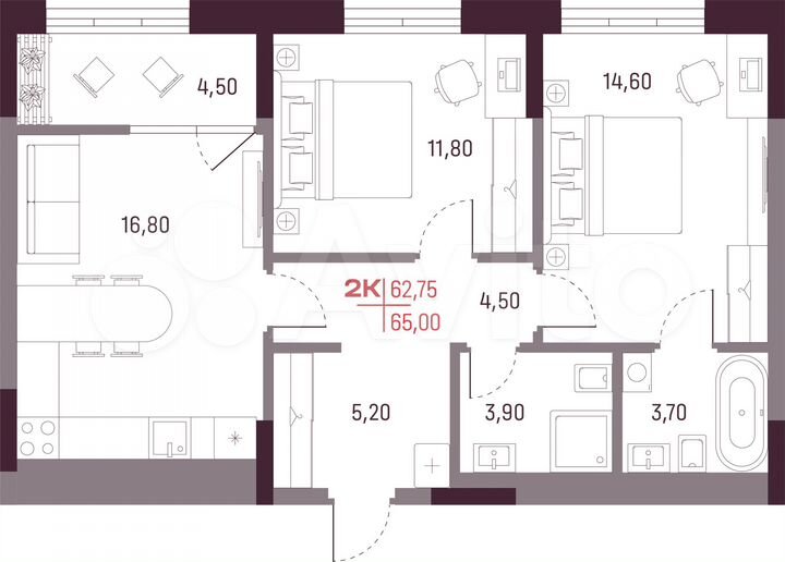 2-к. квартира, 62,8 м², 13/25 эт.