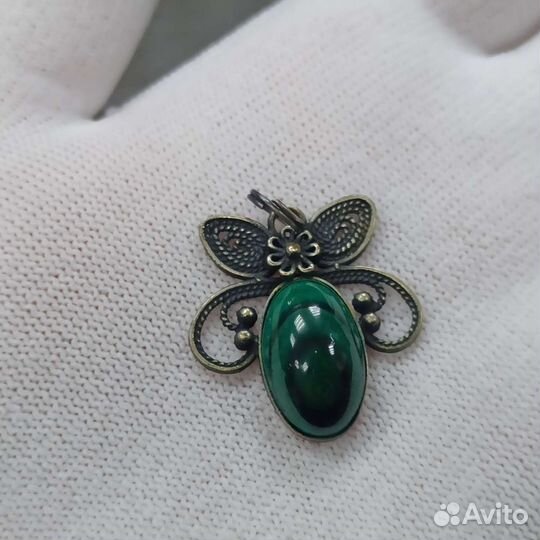 Кулон Малахит Мельхиор Филигрань Скань СССР Ретро