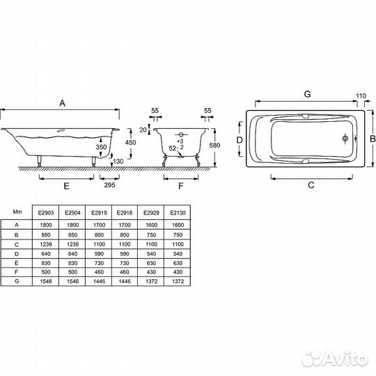 Чугунная ванна Jacob Delafon Repos 180x85 E2904-S