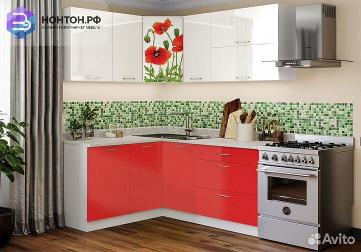 Кухня Маки красные угловая 1.5 на 1.8 м белый глян