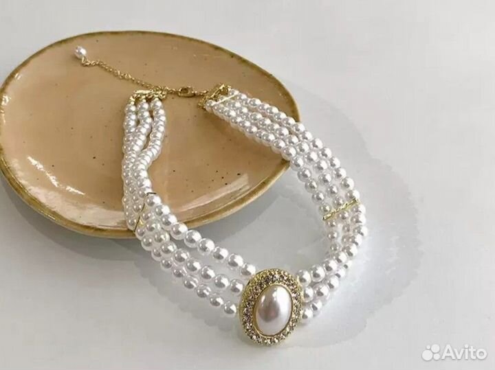 Браслет и колье чокер с жемчугом бижутерия