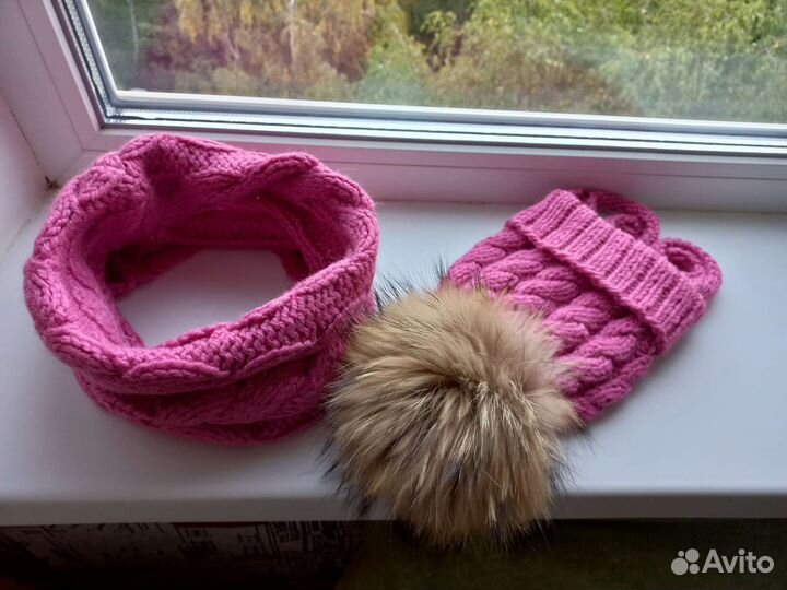 Детская вязаная шапка с помпоном, снуд