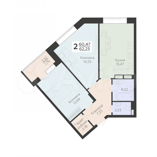 2-к. квартира, 62,2 м², 4/24 эт.