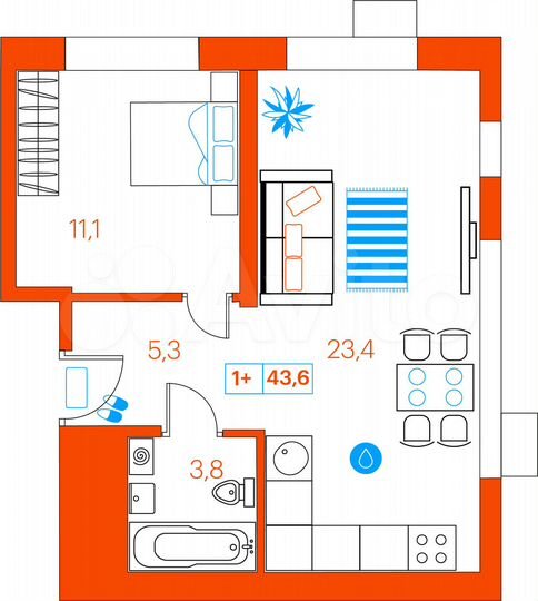 1-к. квартира, 43,6 м², 11/21 эт.