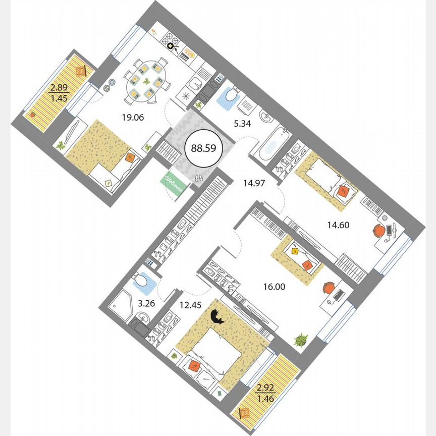 3-к. квартира, 88,6 м², 8/12 эт.