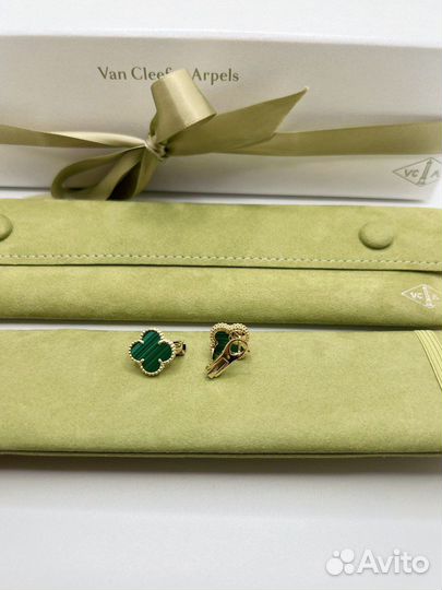 Золотые серьги van cleef ван клиф малахит