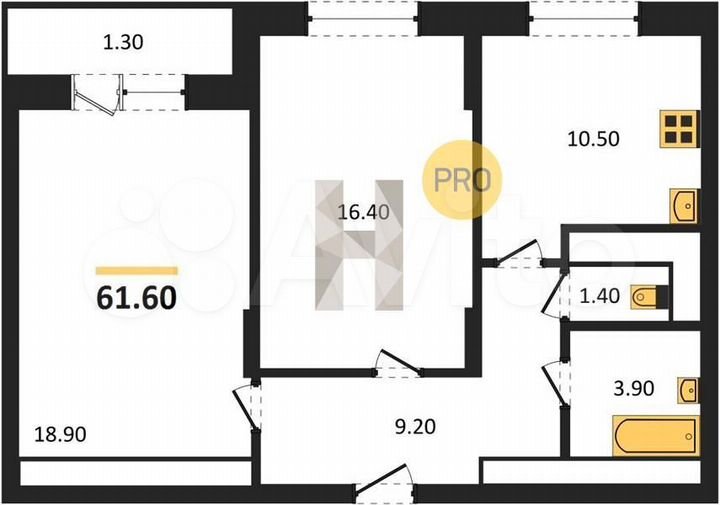 2-к. квартира, 61,6 м², 5/21 эт.
